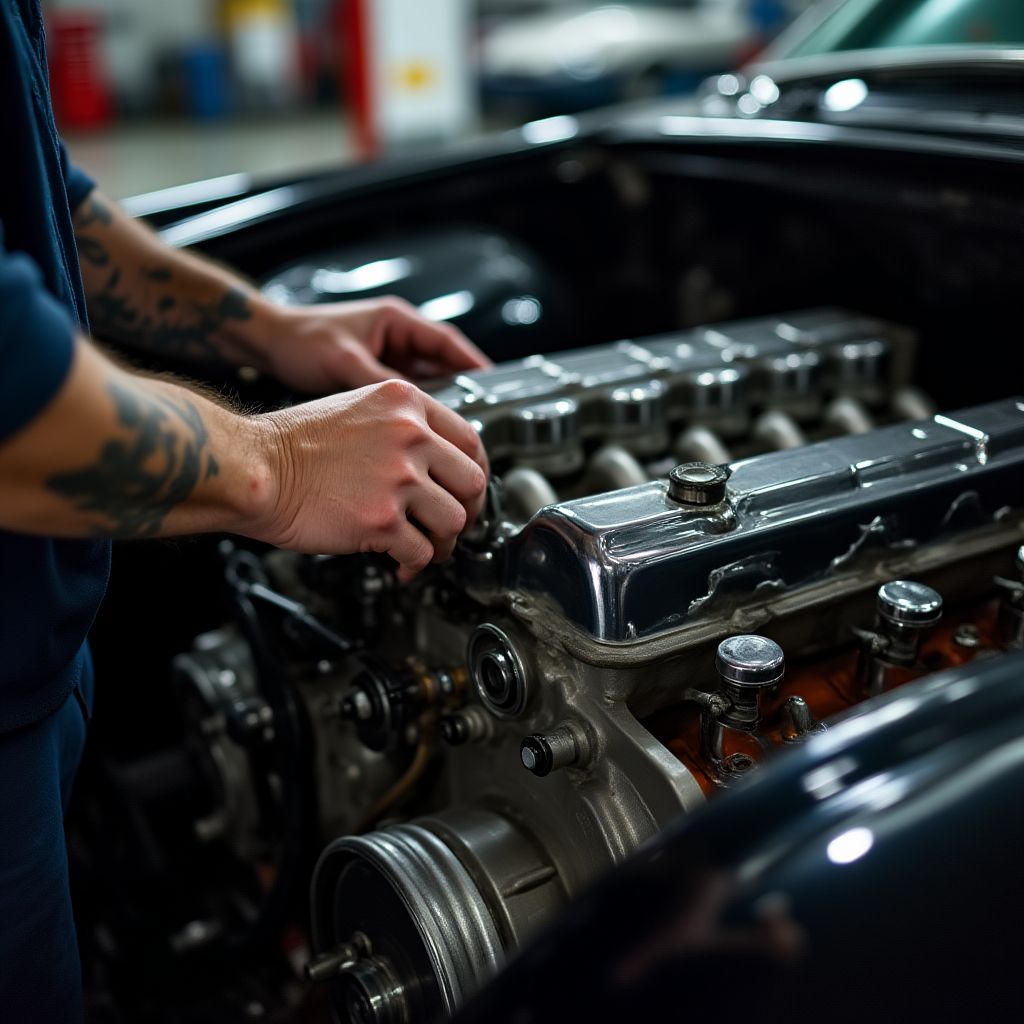 Mécanicien travaillant sur un moteur de voiture classique