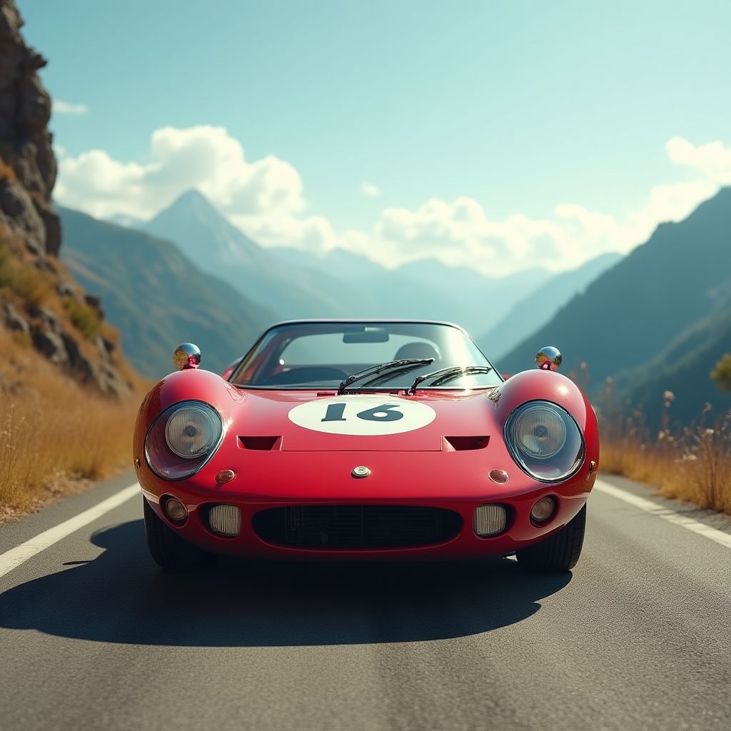 Voiture de sport rouge rétro sur une route de montagne